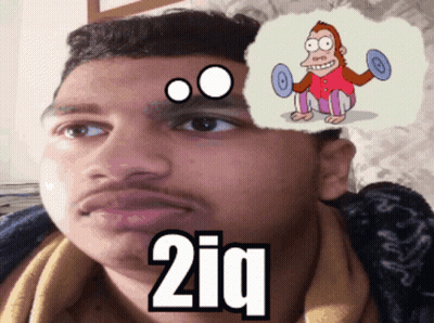 Man With Thought Bubble Of Monkey Lifting Dumbbell And 2Iq GIF