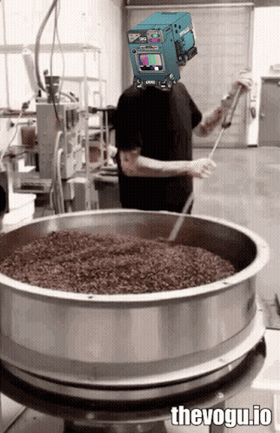 Man With TV Head Stirring In Metal Bowl GIF