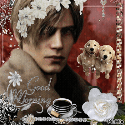 Man With Two Puppies And Good Morning Coffee GIF