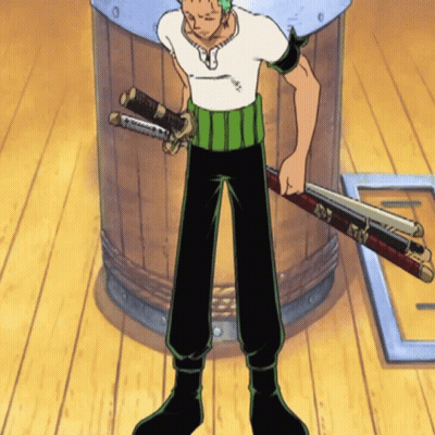 Man With Two Swords In White Shirt And Green Pants GIF