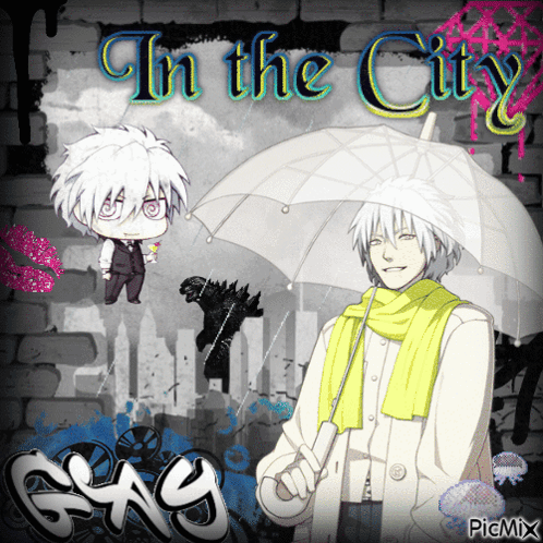 Man With Umbrella And Words In The City GIF