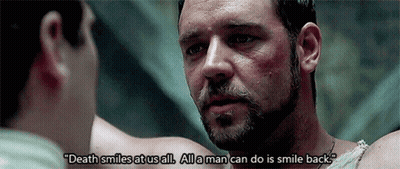 Man With What We Do In Life Written On Face GIF