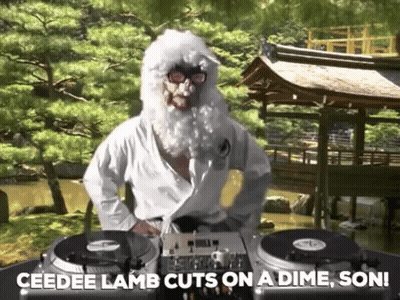 Man With White Beard And Robe Behind DJ Mixer Saying Ceedee Lamb GIF
