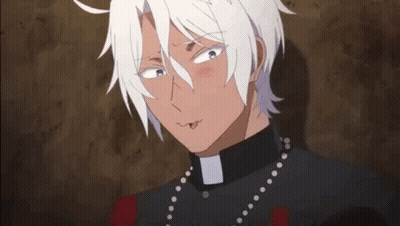 Man With White Hair And Priest Collar Making Face GIF