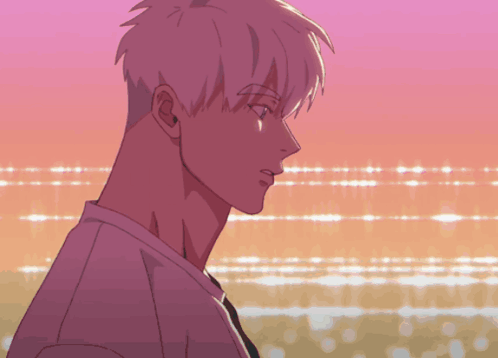 Man With White Hair Standing In Front Of Pink Sky GIF