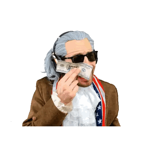 Man With Wig And Sunglasses Holding Money Sticker