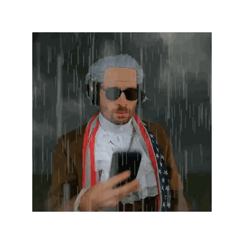 Man With Wig And Sunglasses Holding Phone In Rain Sticker