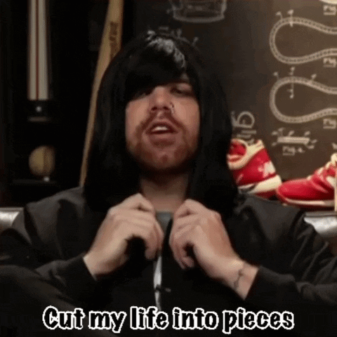 Man With Wig Saying Cut My Life Into Pieces GIF