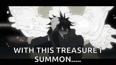 Man With Wings Standing Before Demon Saying With This Treasure I Summon GIF