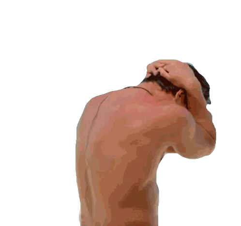 Man Without Shirt Holding Neck And Smiling Sticker