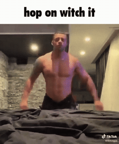 Man Without Shirt Jumping On Bed Hop On Witch It GIF