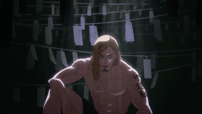 Man Without Shirt Sitting In Front Of レジスター Sign GIF