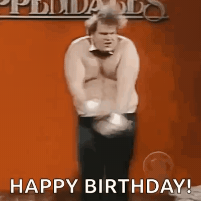Man Without Shirt Standing In Front Of Happy Birthday Sign GIF