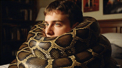 Man Wrapped By Large Snake On Bed GIF