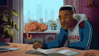 Man Writing With Headphones Cat Sleeping On Window Sill GIF