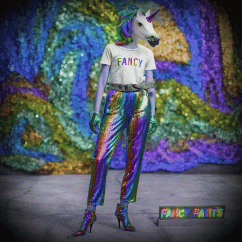 Mannequin With Unicorn Head And Fancy Pants GIF