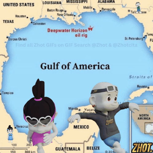 Map Of Gulf Of America With Two Cartoon Characters GIF