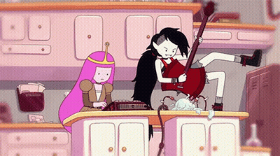 Marceline And Princess Bubblegum From Adventure Time Are Playing Guitars In A Kitchen . GIF
