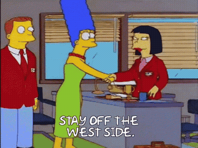 Marge Simpson Shaking Hands Woman Saying Stay Off The West Side GIF