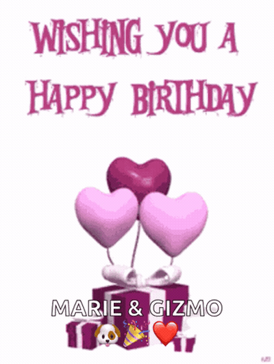 Marie And Gizmo Wishing Happy Birthday With Hearts And Presents GIF