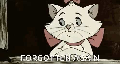 Marie From The Aristocats Is Looking Out Of A Window With The Words `` Forgotten Again '' Written Above Her . GIF