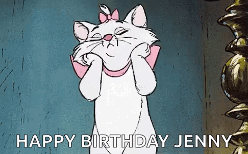 Marie From The Aristocats Is Making A Funny Face With Her Eyes Closed And Says `` Happy Birthday Jenny '' . GIF