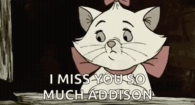 Marie From The Aristocats Is Sitting On A Wooden Bench And Says `` I Miss You So Much Addison '' . GIF
