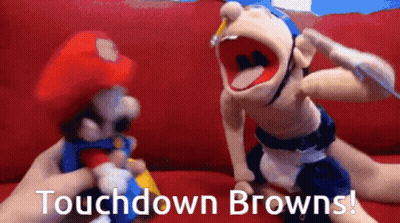 Mario And Jerry Puppet On Red Couch Saying Touchdown Browns GIF