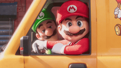 Mario And Luigi Are Driving A Yellow Van With The Letter M On The Side GIF