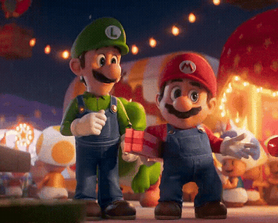 Mario And Luigi Are Standing Next To Each Other And Mario Is Holding A Present GIF