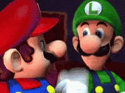 Mario And Luigi Are Standing Next To Each Other In A Room GIF