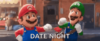 Mario And Luigi Are Standing Next To Each Other On A Street With The Words Date Night Written On The Bottom . GIF
