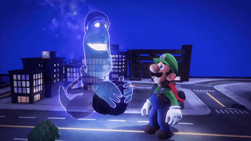Mario And Luigi Are Standing Next To Each Other With A Ghost In The Background GIF