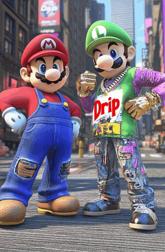 Mario And Luigi Are Standing Next To Each Other With Drip On Their Shirt GIF