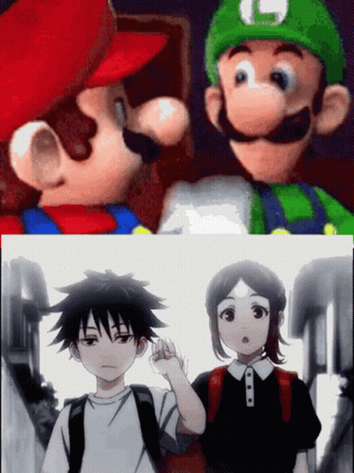 Mario And Luigi Next To Girl With Backpack GIF