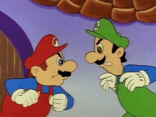 Mario And Luigi Standing And Looking At Each Other GIF