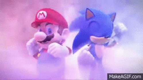Mario And Sonic Are Dancing Together In The Clouds . GIF