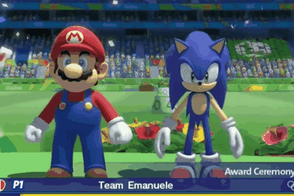 Mario And Sonic Are Standing Next To Each Other On A Video Game Screen . GIF