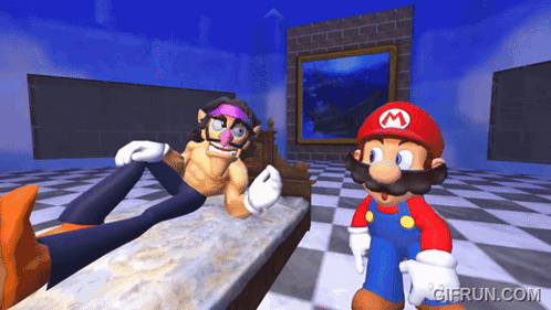 Mario And Wario Are Playing A Video Game With Gifrun.com In The Bottom Right Corner GIF