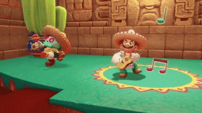 Mario Is Playing A Guitar In A Video Game While A Cactus Is Standing Behind Him . GIF