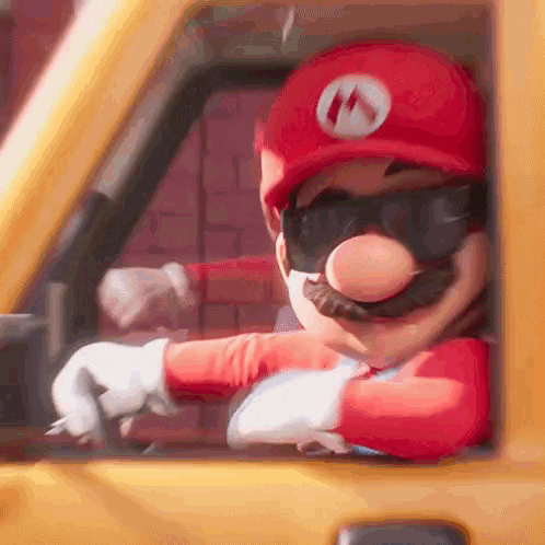 Mario Is Wearing Sunglasses And A Red Hat While Driving A Yellow Car GIF