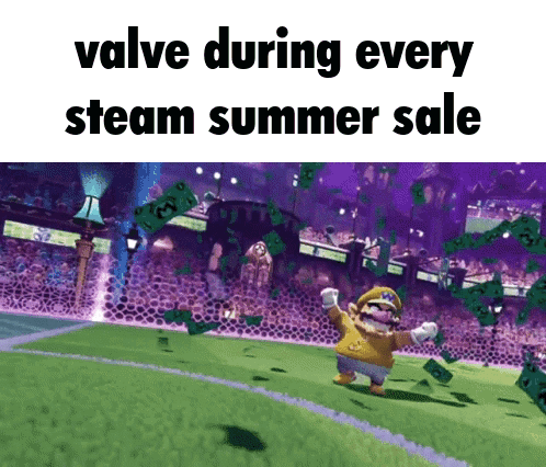Mario Surrounded By Money Saying Valve During Every Steam Summer Sale GIF