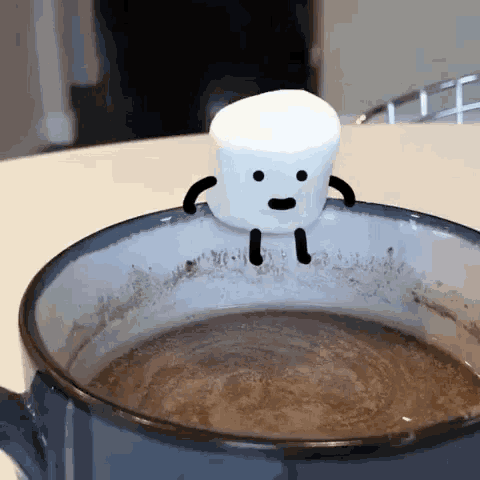 Marshmallow With Arms Sitting In Chocolate GIF