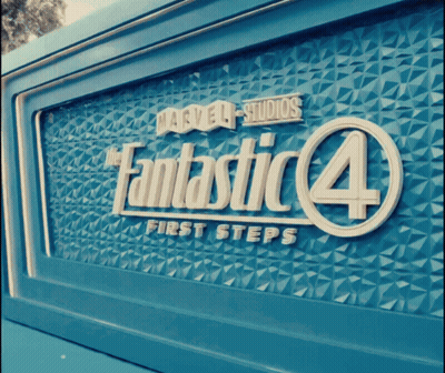 Marvel Studios Fantastic 4 First Steps Sign On A Blue Background GIF