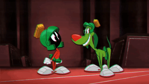 Marvin The Martian And A Dog Are Standing Next To Each Other In A Dark Room GIF