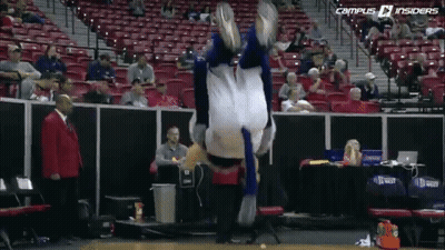 Mascot Doing Flip On Basketball Court While Crowd Watches GIF