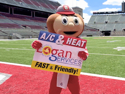 Mascot Holding Sign Saying Logan Services Fast And Friendly GIF
