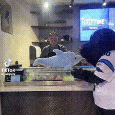 Mascot Holding Stuffed Dolphin In Front Of Halftime Sign GIF