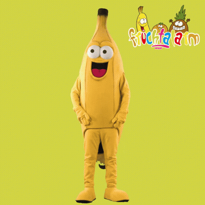 Mascot In Banana Costume In Front Of Fruchaland Sign GIF