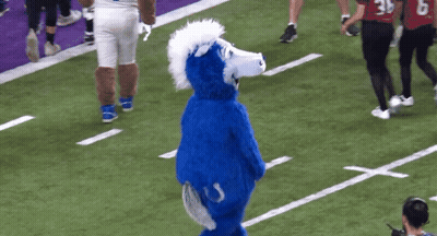Mascot In Blue And White Horse Costume With Letter U GIF